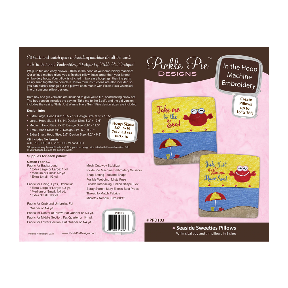 Seaside Sweeties Crab Boy & Girl Pillow In the Hoop Embroidery Designs on CD-ROM by Pickle Pie Designs