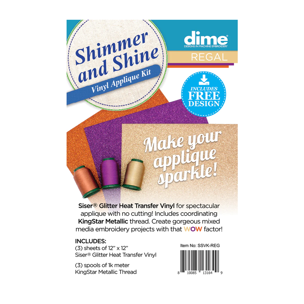 DIME Designs in Machine Embroidery - Shimmer & Shine Glitter Vinyl & Kingstar Thread Applique Kit - Regal