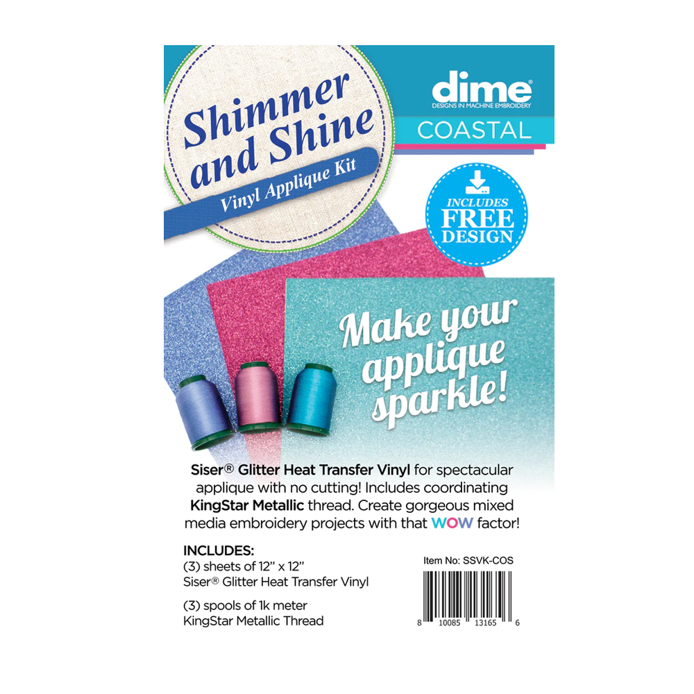 DIME Designs in Machine Embroidery - Shimmer & Shine Glitter Vinyl & Kingstar Thread Applique Kit - Coastal