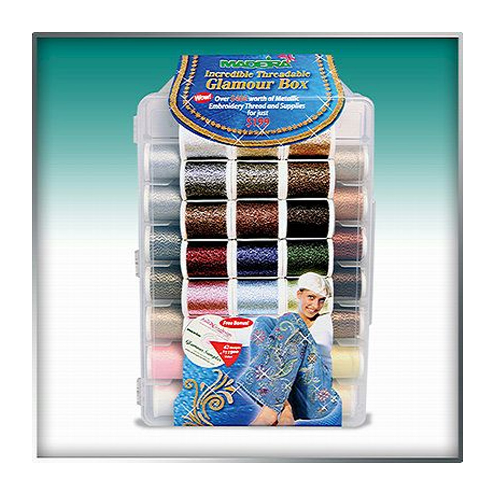 Madeira - Glamour Incredible Threadable Metallic Box - Includes 40-220yd Spools + 2-1650yd Bobbinfil Spools + Embroidery Design CD - CLOSEOUT