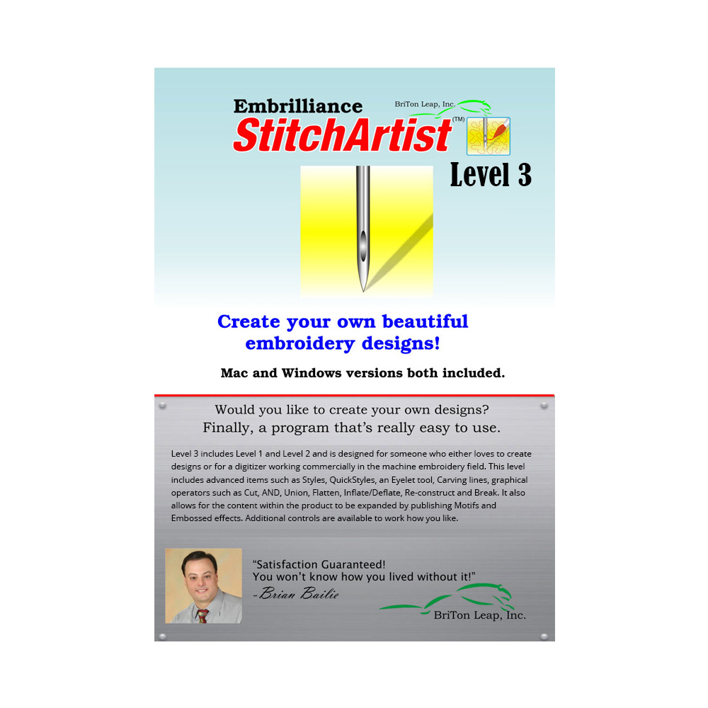 StitchArtist Level 3 by Embrilliance Embroidery Software DOWNLOADABLE
