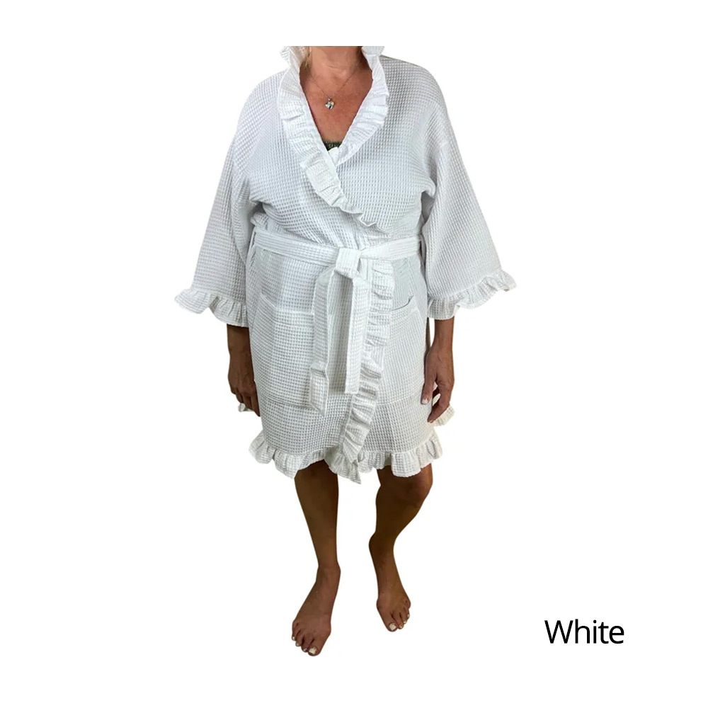 Cotton Waffle 36" Ruffle Knee-Length Kimono Robe