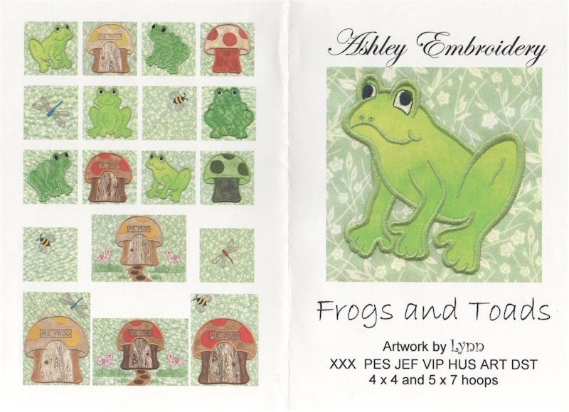 Frogs and Toads Applique Embroidery Designs by Ashley Embroidery on a Multi-Format CD-ROM ASH021