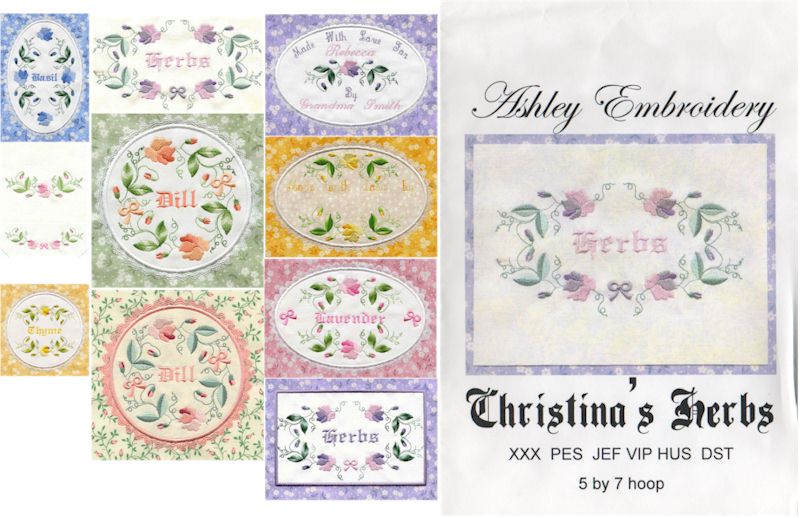 Christinas Herbs Applique Embroidery Designs by Ashley Embroidery on a Multi-Format CD-ROM ASH024