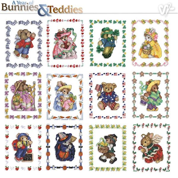 A Year of Bunnies & Teddies Cross Stitch Embroidery Designs by Vermillion Stitchery on a Multi-Format CD-ROM 74400
