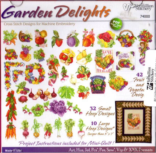 Garden Delight Cross Stitch Embroidery Designs by Vermillion Stitchery on a Multi-Format CD-ROM 74000