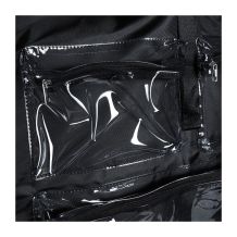 Close-up of Rolling Goat™ 2.0 clear zippered organizer pockets inside the lid for storing notions and small tools.