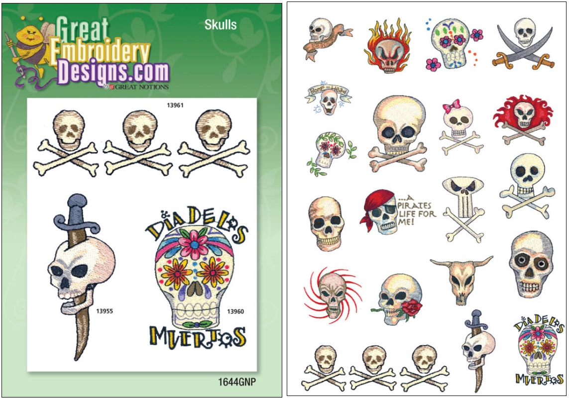 Skulls Embroidery Designs by Great Notions on a CD-ROM 1644GNP
