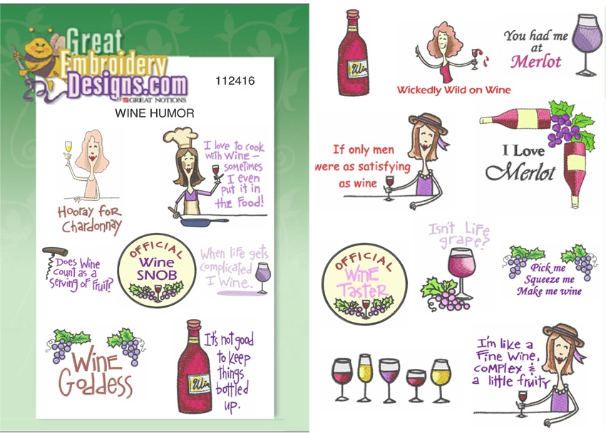 Wine Humor Collection Embroidery Designs by Great Notions on a CD-ROM 112416