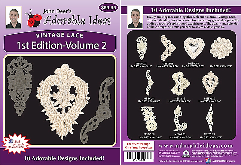 Vintage Lace 1st Edition Volume 2 Embroidery Designs by John Deer's Adorable Ideas - Multi-Format CD-ROM 27149