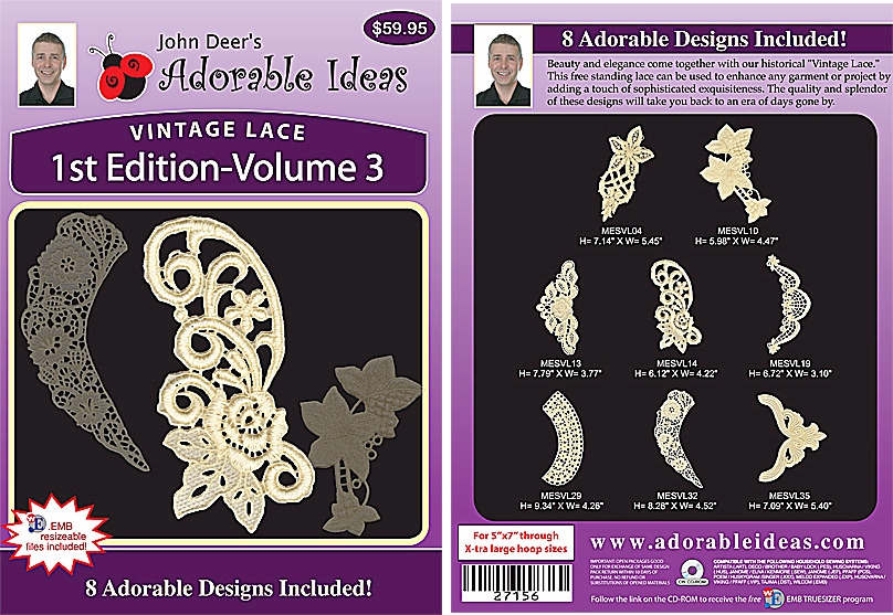 Vintage Lace 1st Edition Volume 3 Embroidery Designs by John Deer's Adorable Ideas - Multi-Format CD-ROM 27156
