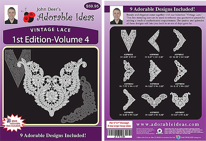 Vintage Lace 1st Edition Volume 4 Embroidery Designs by John Deer's Adorable Ideas - Multi-Format CD-ROM 27538