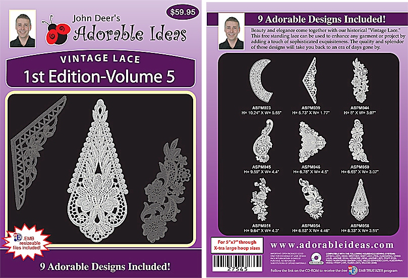 Vintage Lace 1st Edition Volume 5 Embroidery Designs by John Deer's Adorable Ideas - Multi-Format CD-ROM 27545