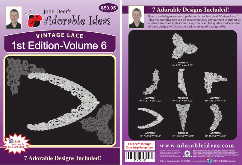 Vintage Lace 1st Edition Volume 6 Embroidery Designs by John Deer's Adorable Ideas - Multi-Format CD-ROM 27552
