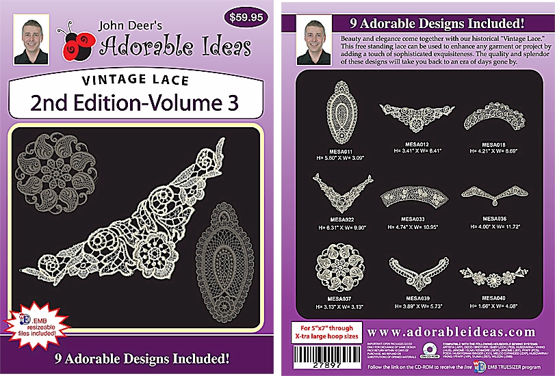Vintage Lace 2nd Edition Volume 3 Embroidery Designs by John Deer's Adorable Ideas - Multi-Format CD-ROM 27897
