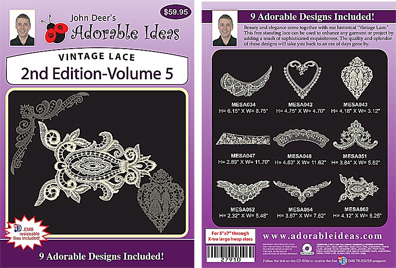 Vintage Lace 2nd Edition Volume 5 Embroidery Designs by John Deer's Adorable Ideas - Multi-Format CD-ROM 27910
