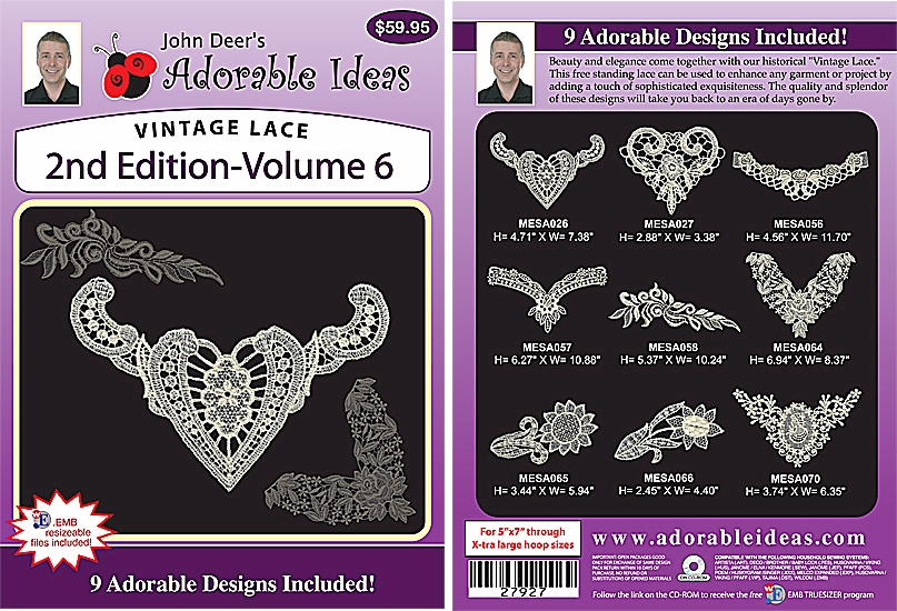 Vintage Lace 2nd Edition Volume 6 Embroidery Designs by John Deer's Adorable Ideas - Multi-Format CD-ROM 27927