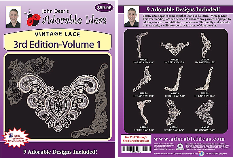Vintage Lace 3rd Edition Volume 1 Embroidery Designs by John Deer's Adorable Ideas - Multi-Format CD-ROM AIML3v.1