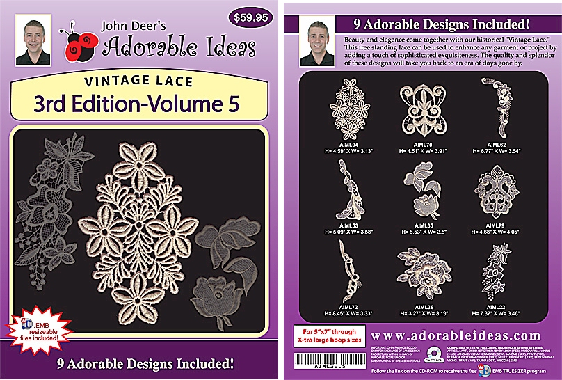Vintage Lace 3rd Edition Volume 5 Embroidery Designs by John Deer's Adorable Ideas - Multi-Format CD-ROM AIML3v.5