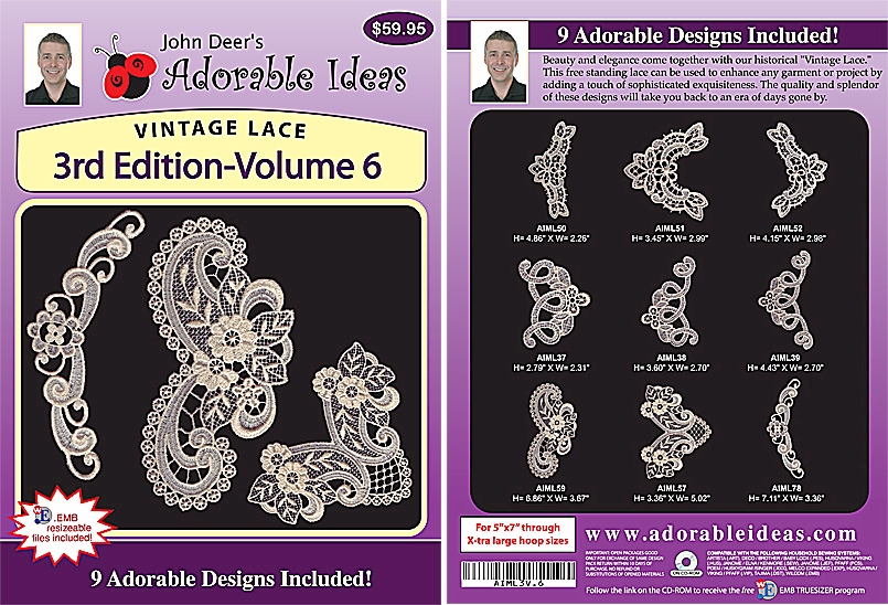 Vintage Lace 3rd Edition Volume 6 Embroidery Designs by John Deer's Adorable Ideas - Multi-Format CD-ROM AIML3v.6