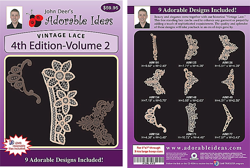 Vintage Lace 4th Edition Volume 2 Embroidery Designs by John Deer's Adorable Ideas - Multi-Format CD-ROM AIML4v.2