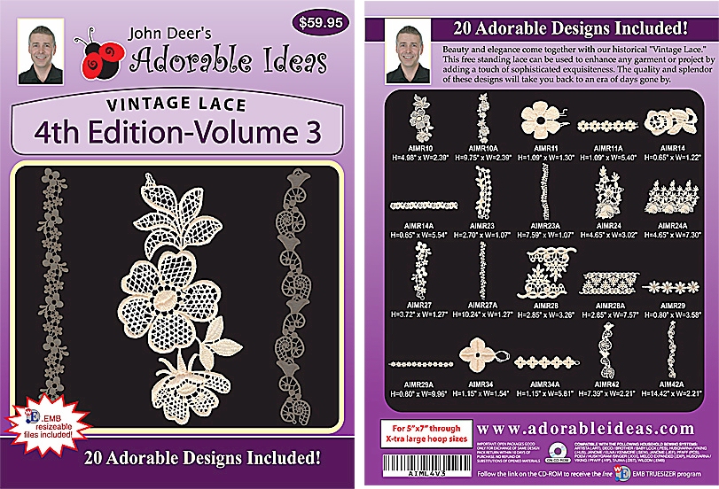 Vintage Lace 4th Edition Volume 3 Embroidery Designs by John Deer's Adorable Ideas - Multi-Format CD-ROM AIML4v.3