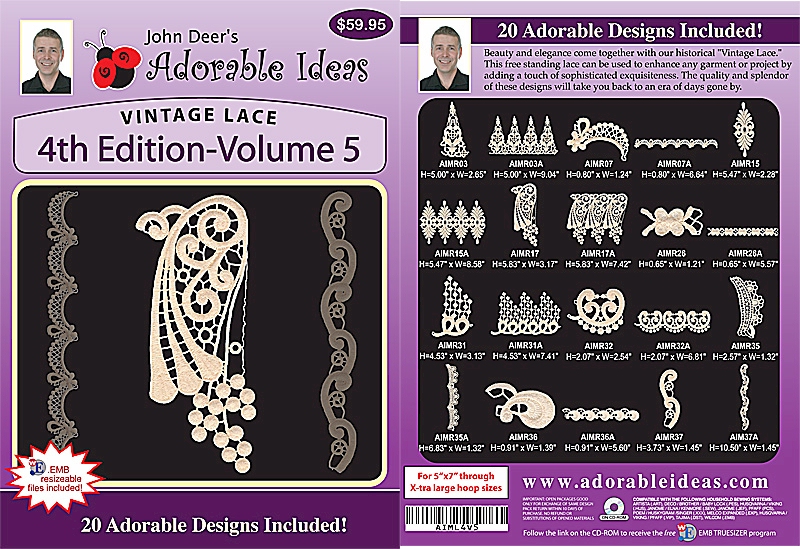 Vintage Lace 4th Edition Volume 5 Embroidery Designs by John Deer's Adorable Ideas - Multi-Format CD-ROM AIML4v.5