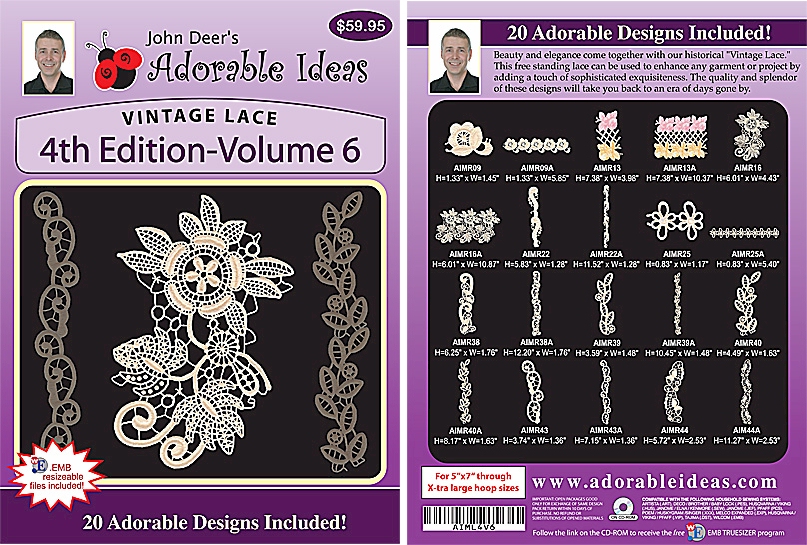 Vintage Lace 4th Edition Volume 6 Embroidery Designs by John Deer's Adorable Ideas - Multi-Format CD-ROM AIML4v.6