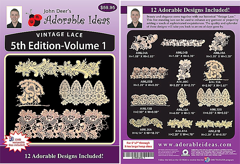 Vintage Lace 5th Edition Volume 1 Embroidery Designs by John Deer's Adorable Ideas - Multi-Format CD-ROM AIML5v.1