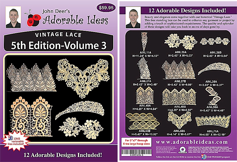 Vintage Lace 5th Edition Volume 3 Embroidery Designs by John Deer's Adorable Ideas - Multi-Format CD-ROM AIML5v.3
