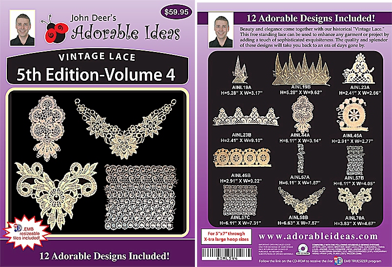 Vintage Lace 5th Edition Volume 4 Embroidery Designs by John Deer's Adorable Ideas - Multi-Format CD-ROM AIML5v.4