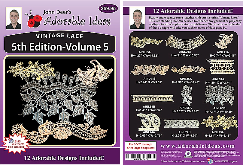 Vintage Lace 5th Edition Volume 5 Embroidery Designs by John Deer's Adorable Ideas - Multi-Format CD-ROM AIML5v.5