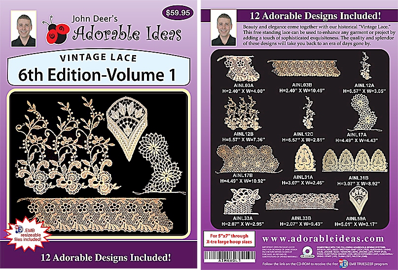 Vintage Lace 6th Edition Volume 1 Embroidery Designs by John Deer's Adorable Ideas - Multi-Format CD-ROM AIML6v.1