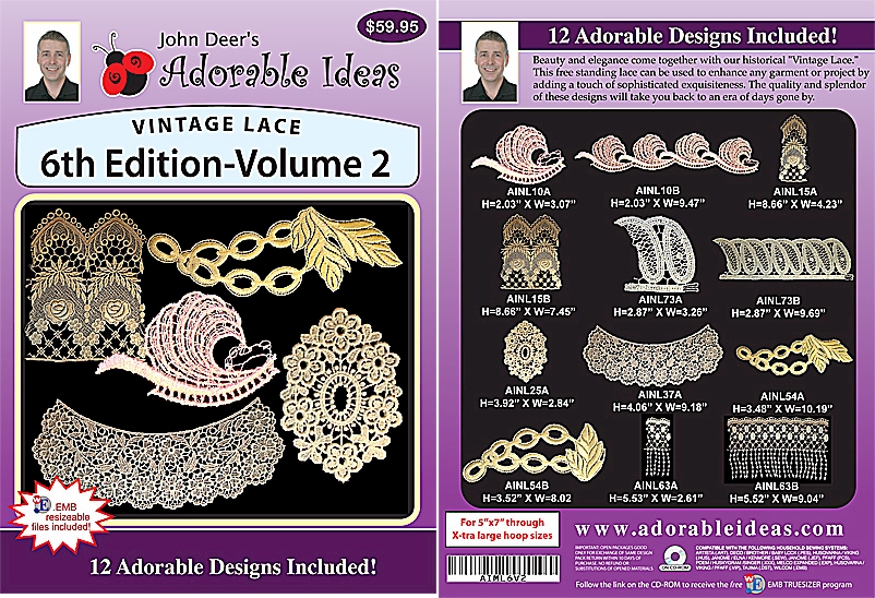 Vintage Lace 6th Edition Volume 2 Embroidery Designs by John Deer's Adorable Ideas - Multi-Format CD-ROM AIML6v.2