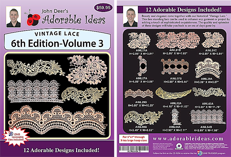 Vintage Lace 6th Edition Volume 3 Embroidery Designs by John Deer's Adorable Ideas - Multi-Format CD-ROM AIML6v.3