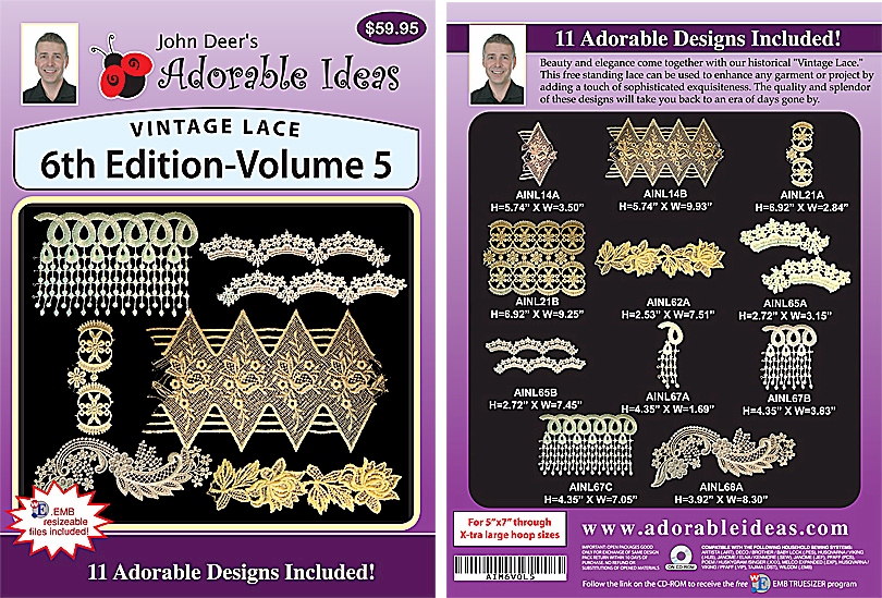 Vintage Lace 6th Edition Volume 5 Embroidery Designs by John Deer's Adorable Ideas - Multi-Format CD-ROM AIML6v.5