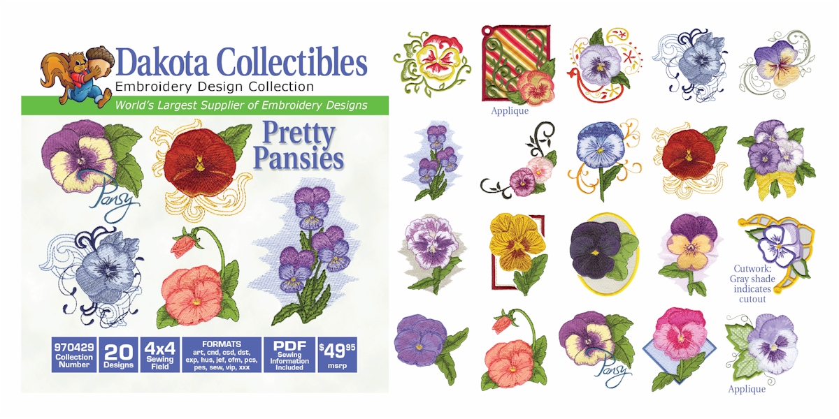Pretty Pansies Embroidery Designs by Dakota Collectibles on a CD-ROM 970429