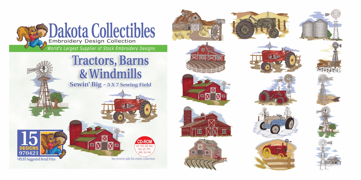 Tractors, Barns & Windmills Embroidery Designs by Dakota Collectibles on a CD-ROM 970421
