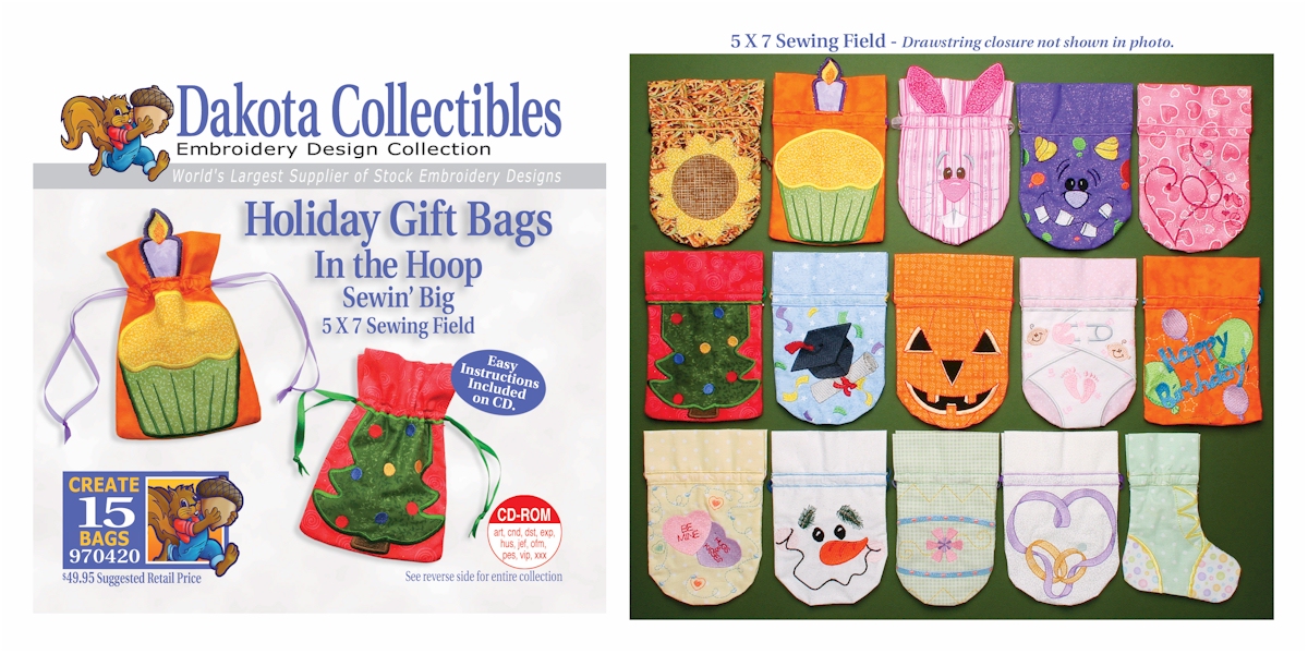Holiday Gift Bags In The Hoop Embroidery Designs by Dakota Collectibles on a CD-ROM 970420