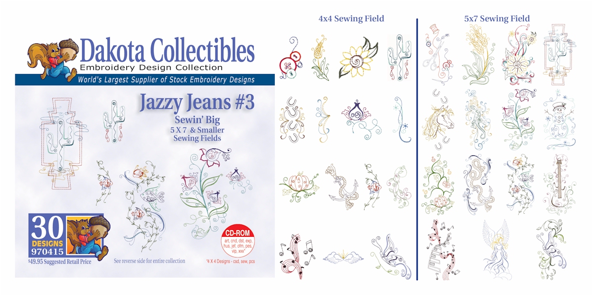 Jazzy Jeans 3 Embroidery Designs by Dakota Collectibles on a CD-ROM 970415