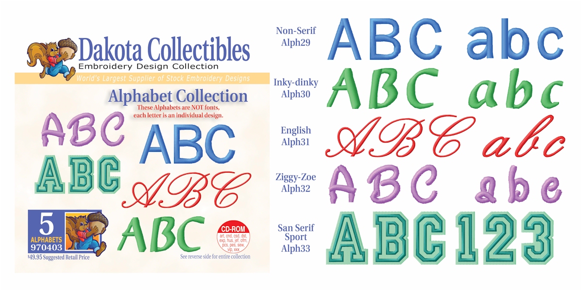 Alphabet Collection of Embroidery Designs by Dakota Collectibles on a CD-ROM 970403
