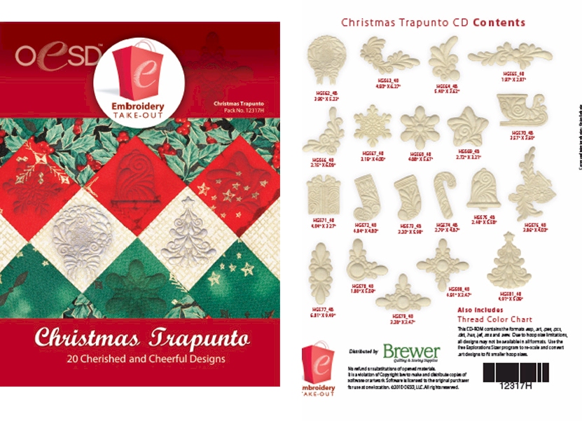 Christmas Trapunto Embroidery Designs By Oklahoma Embroidery on Multi-Format CD-ROM