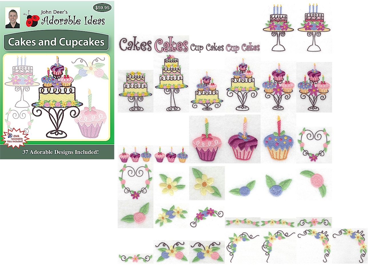 Cakes & Cupcakes Embroidery Designs by John Deer's Adorable Ideas on a Multi-Format CD-ROM AICAC