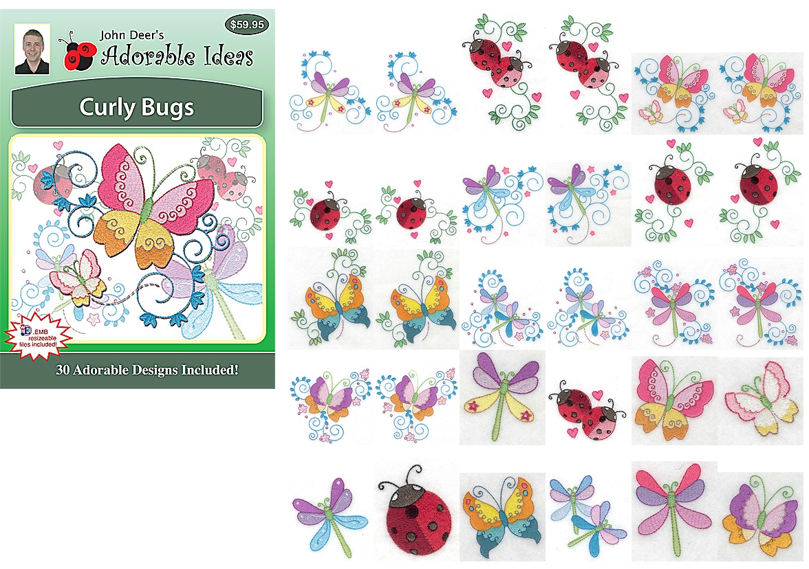 Curly Bugs Embroidery Designs by John Deer's Adorable Ideas on a Multi-Format CD-ROM AICUR