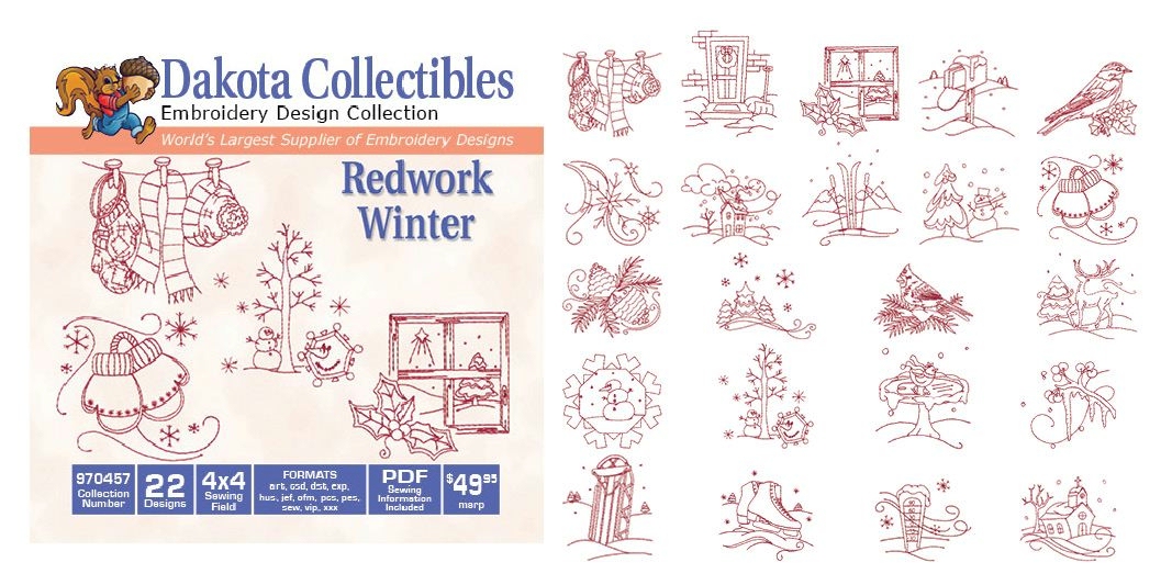Redwork Winter Collection Embroidery Designs by Dakota Collectibles on a CD-ROM 970457