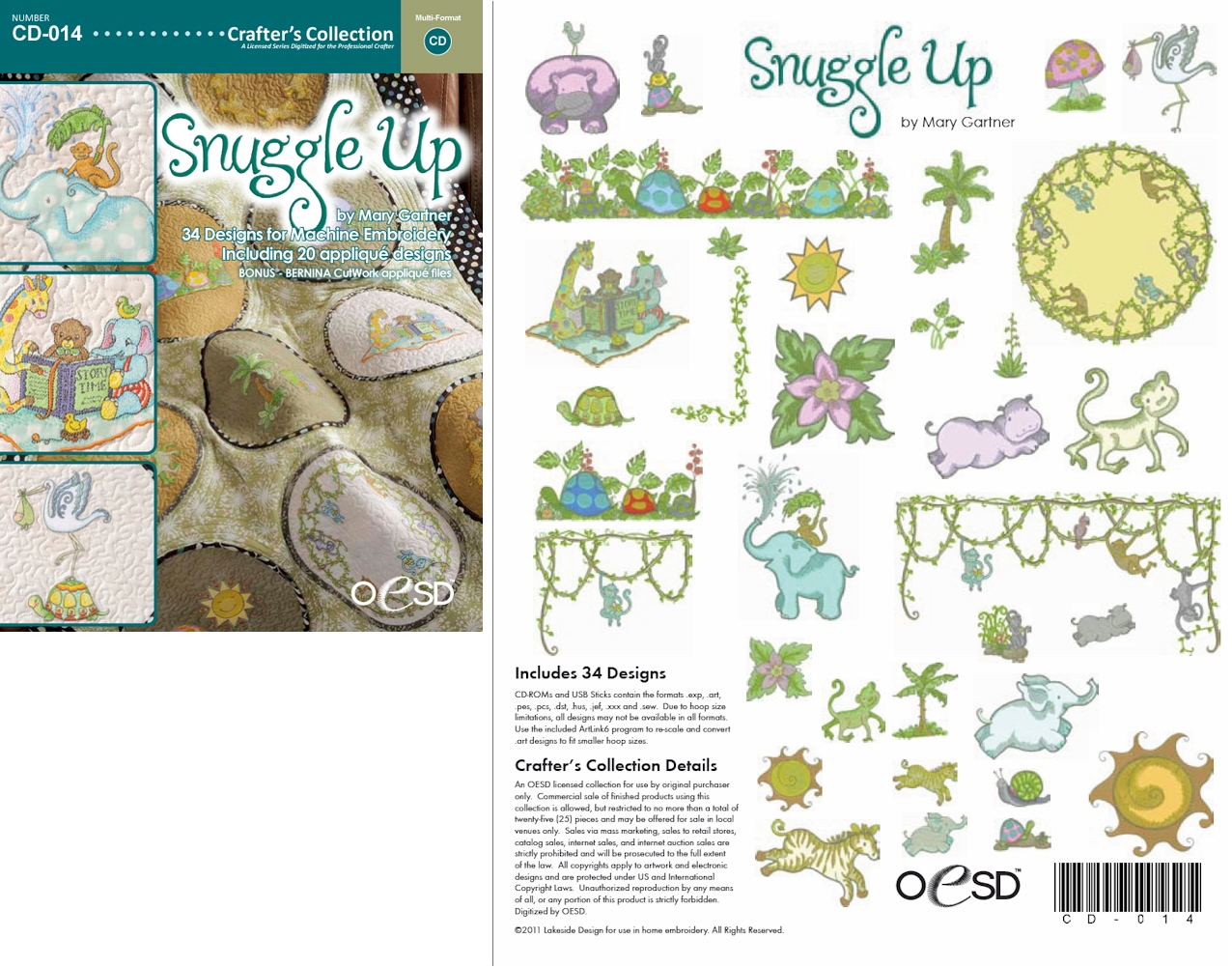 Snuggle Up by Mary Gartner Embroidery Designs on a Multi-Format CD-ROM CD-014