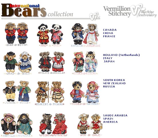 International Bears  Embroidery Designs on CD from the Vermillion Stitchery 70500 - CLOSEOUT