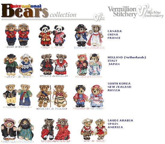 International Bears Embroidery Designs on CD from the Vermillion Stitchery 70500 - CLOSEOUT
