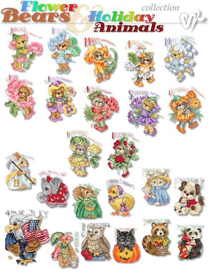 Flower Bears and Holiday Animals Embroidery Designs on CD from the Vermillion Stitchery 71500