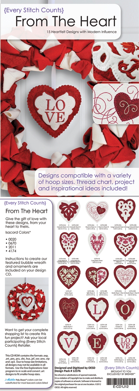 From The Heart Embroidery Designs on CD-ROM by Every Stitch Counts